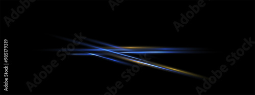 Blue yellow crossing neon beam, glowing speed line isolated. Techno designer elements, thunder bolt vector eps . Laser rays on black background