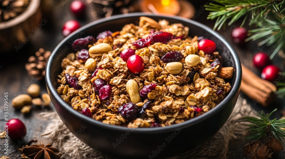 A Bowl of Granola with Cranberries, Nuts, and Cinnamon Sticks