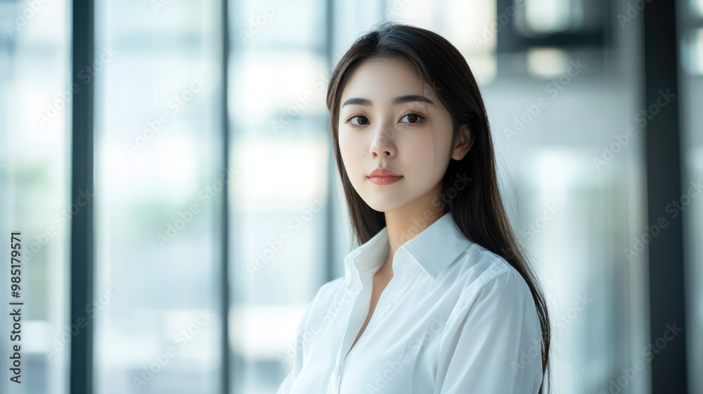 Portrait of young beautiful Asian businesswoman. Confident female business leader in white shirt looking into camera in modern office Portrait of young beautiful Asian businesswoman. Confident female business leader in white shirt looking into camera in modern office