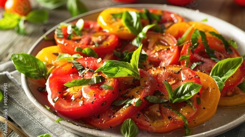 Beautifully plated heirloom tomato salad with basil.