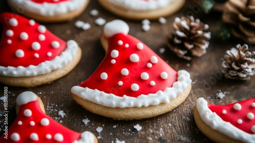 Festive Red and White Sugar Cookies Shaped Like Santa Hats on a Rustic Wooden Surface photo