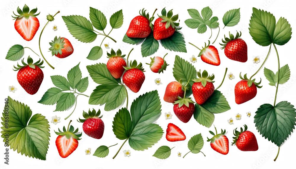 strawberry painted set watercolor leaves white illustrations background botanical fruits hand decorative elements strawberry berry garden red fruit green leaf leaf watercolor hand painted decorative