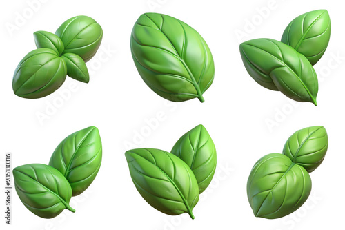 PNG basil leaf 3d collection, in cartoon style minimal on transparent, white background, isolate 