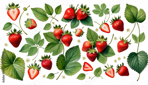 Obraz na płótnie strawberry painted set watercolor leaves white illustrations background botanical fruits hand decorative elements strawberry berry garden red fruit green leaf leaf watercolor hand painted decorative w salonie