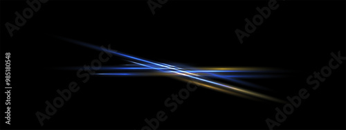 Blue yellow neon laser beam, crossing speed line isolated. Techno glowing designer elements, thunder bolt vector eps . Shine rays on black background. Overlay abstraction banner