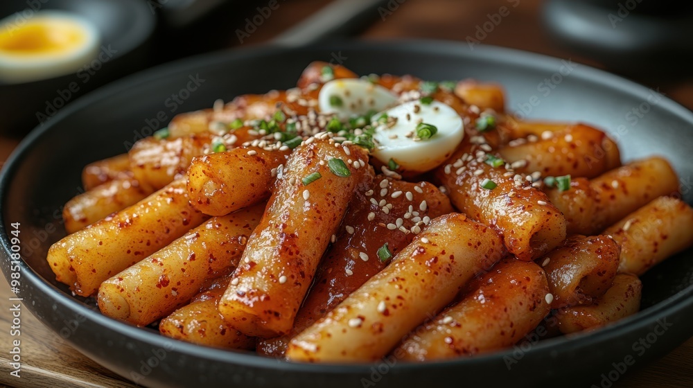 A close-up of appetizing tteokbokki, a popular Korean street food, served in a black bowl, garnished with sesame seeds and chopped green onions, Ideal for food blogs, restaurants, and recipe books,