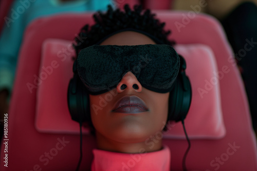 During a ketamine therapy session, a patient is reclined with an eye mask and headphones