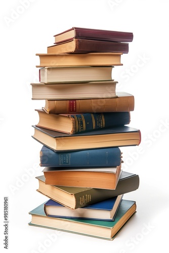 Stack of old hardcover books isolated on white background. Various books with different cover designs, open, others closed. Classic literature, science, education texts. Tall stack of books, heap of