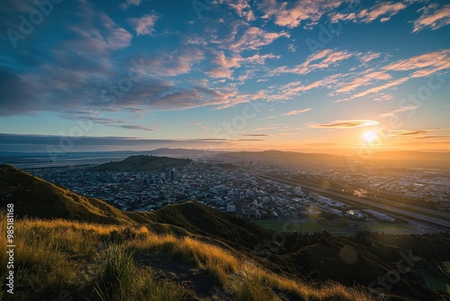 Panoramic view of Christchurch, New Zealand at sunrise. Cityscape with mountain ranges in background. Sky is painted with warm colors of dawn. Hills and buildings blend together in scenic landscape. photo