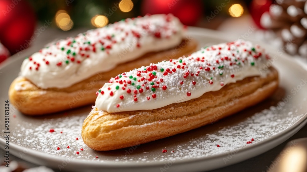 Two Cream Puffs Topped with White Frosting, Red and Green Sprinkles, and Powdered Sugar Two Cream Puffs Topped with White Frosting, Red and Green Sprinkles, and Powdered Sugar