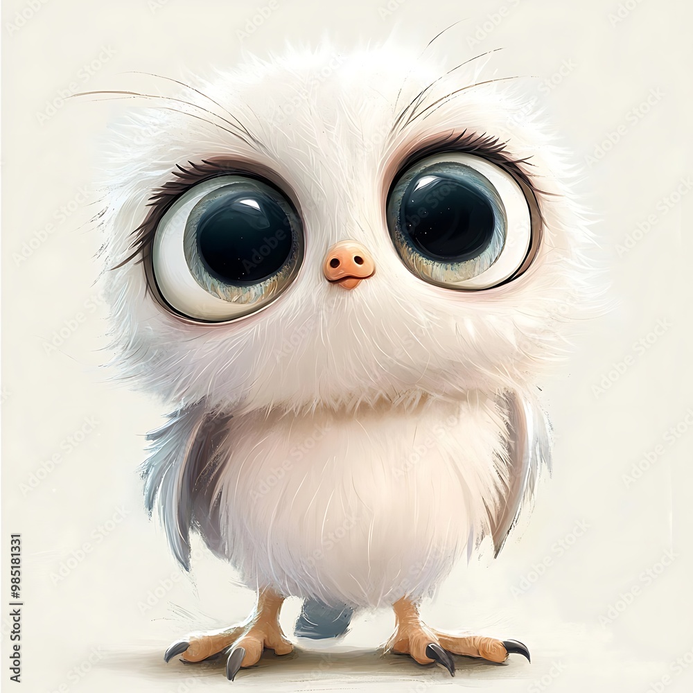 Cute baby owl with big eyes, fluffy feathers, and a small beak. Adorable cartoon animal illustration.