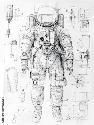 Detailed pencil drawing of an astronaut in a spacesuit, surrounded by technical drawings of its components. photo