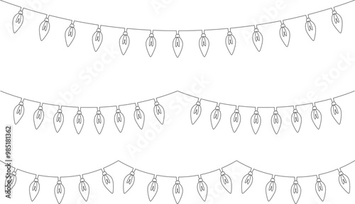 Christmas garland with light bulbs line art. Festive festoon xmas string and divider border in simple linear style