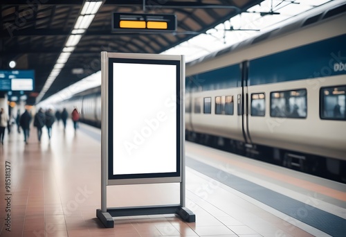 Blank billboard mock up in a subway station with walking people, underground interior. Urban light box inside advertisement metro vertical