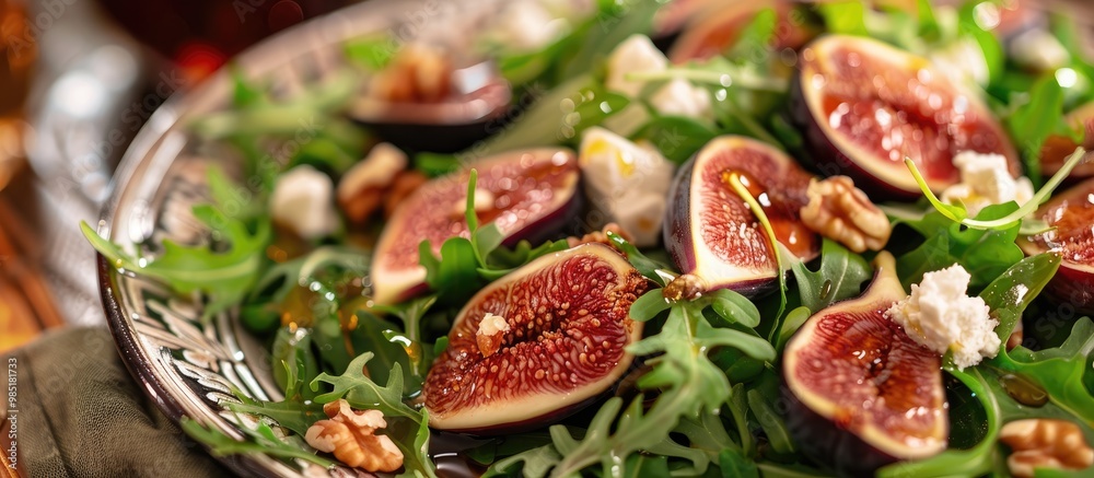 Platter Of Green Salad With Figs Crema Di Balsamico Honey Hazelnuts And Baked Goat Cheese Platter Of Green Salad With Figs Crema Di Balsamico Honey Hazelnuts And Baked Goat Cheese