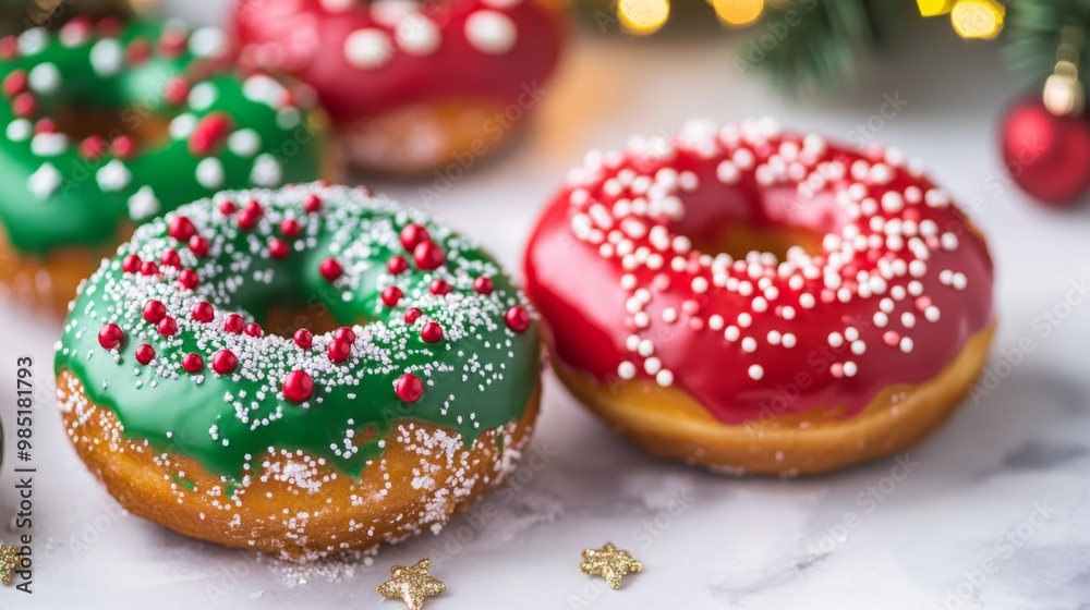 Christmas-Themed Donuts with Green and Red Icing and Sprinkles Christmas-Themed Donuts with Green and Red Icing and Sprinkles