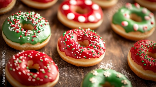 Festive Holiday Donuts with Red and Green Icing and Sprinkles