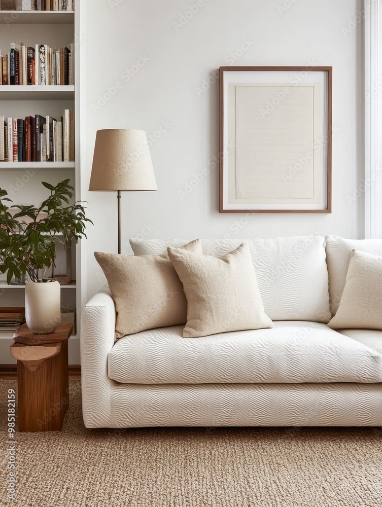 A cozy living room scene features a neutral-toned sofa with decorative pillows, a stylish lamp, and a wooden side table, perfect for interior design, decor inspiration, or furniture advertising, A cozy living room scene features a neutral-toned sofa with decorative pillows, a stylish lamp, and a wooden side table, perfect for interior design, decor inspiration, or furniture advertising,