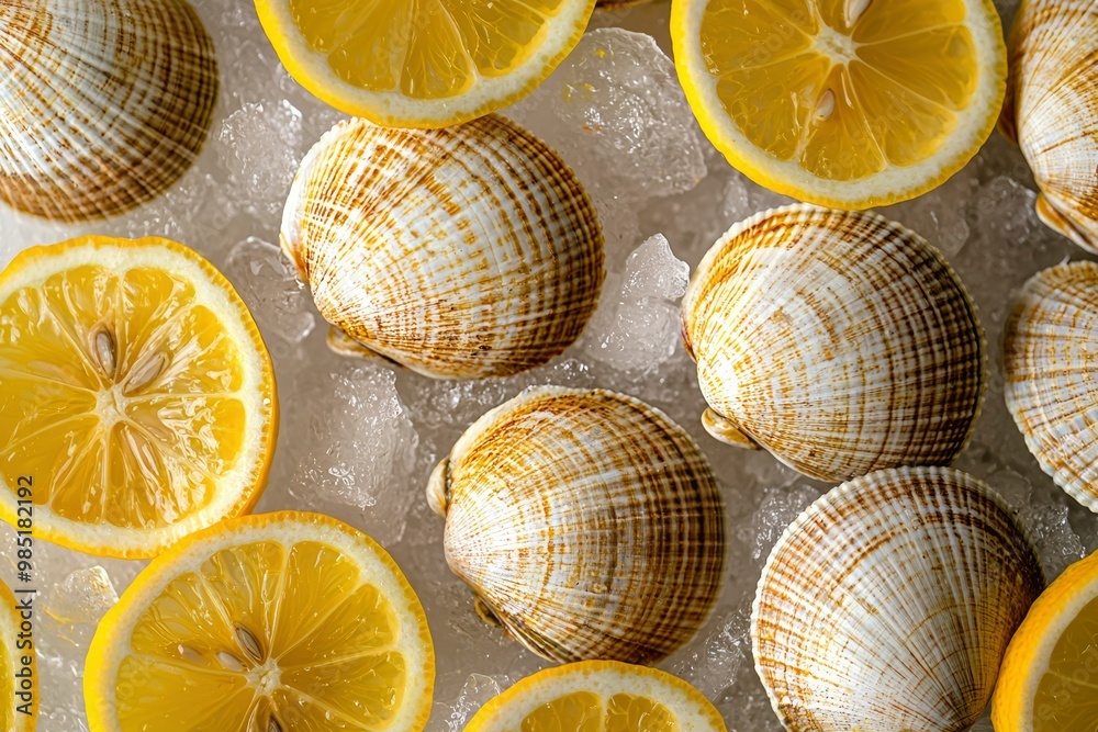Close-up of Scallops and Lemon Slices on Ice Close-up of Scallops and Lemon Slices on Ice