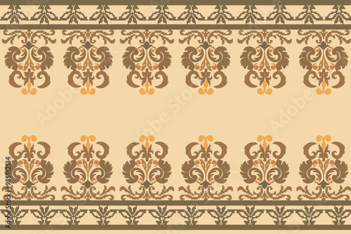 Geometric seamless fabric pattern, European native damask pattern, light brown, dark brown flowers, orange background, vector illustration, wallpaper border