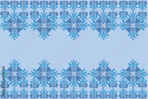 Geometric seamless fabric pattern, European native damask pattern, dark blue, light blue flowers, light blue background, vector illustration, wallpaper border