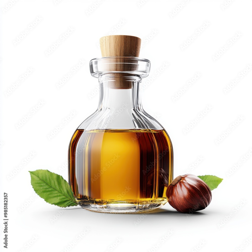 Glass Bottle with Hazelnut Oil and Leaves Glass Bottle with Hazelnut Oil and Leaves