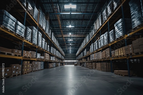 Large warehouse interior with high ceiling, grid-like pattern of white beams. Cardboard boxes, metal racks create organized, structured environment. Warehouse layout emphasizes height, spaciousness.