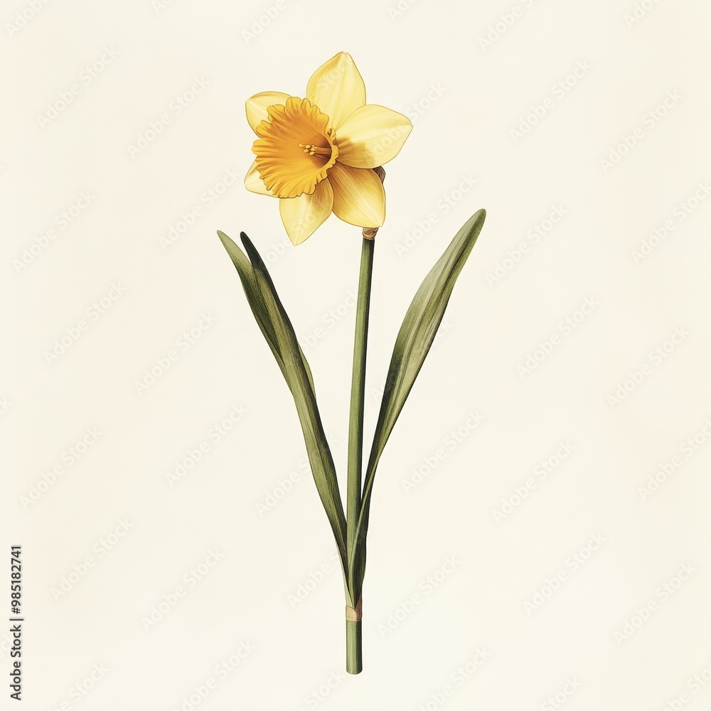 A botanical illustration of a single yellow daffodil in full bloom, isolated on a clean white surface in a minimalistic design A botanical illustration of a single yellow daffodil in full bloom, isolated on a clean white surface in a minimalistic design
