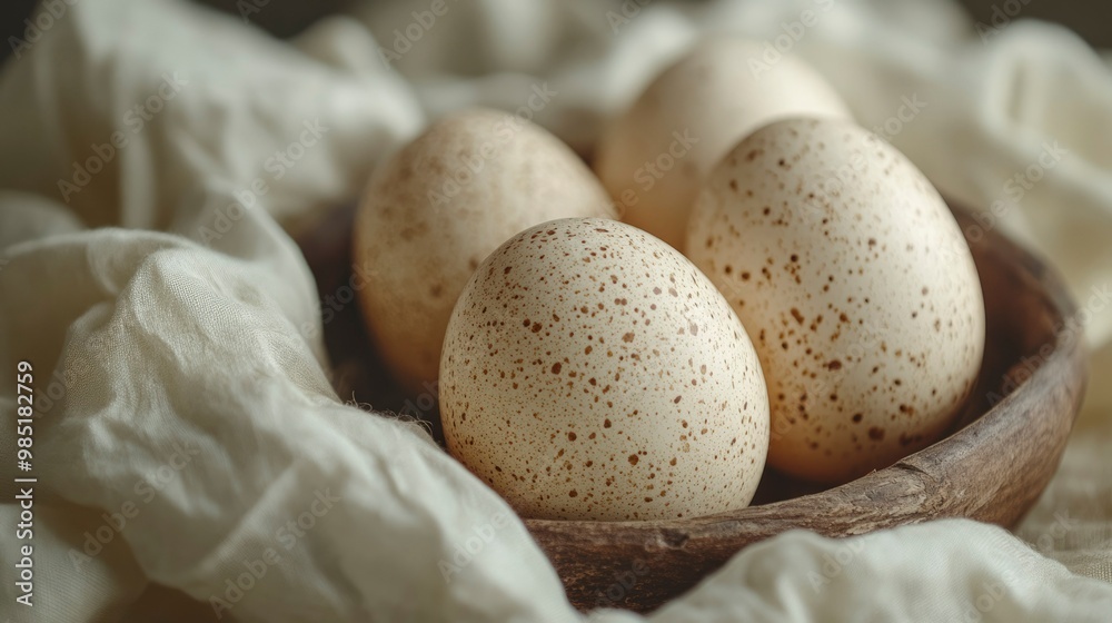 Spotted Eggs in a Wooden Bowl on a White Fabric Spotted Eggs in a Wooden Bowl on a White Fabric