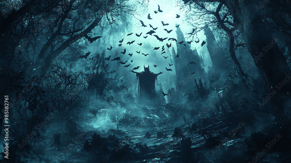 A chilling depiction of a demon controlling a swarm of bats in a gothic, moonlit forest. A chilling depiction of a demon controlling a swarm of bats in a gothic, moonlit forest.