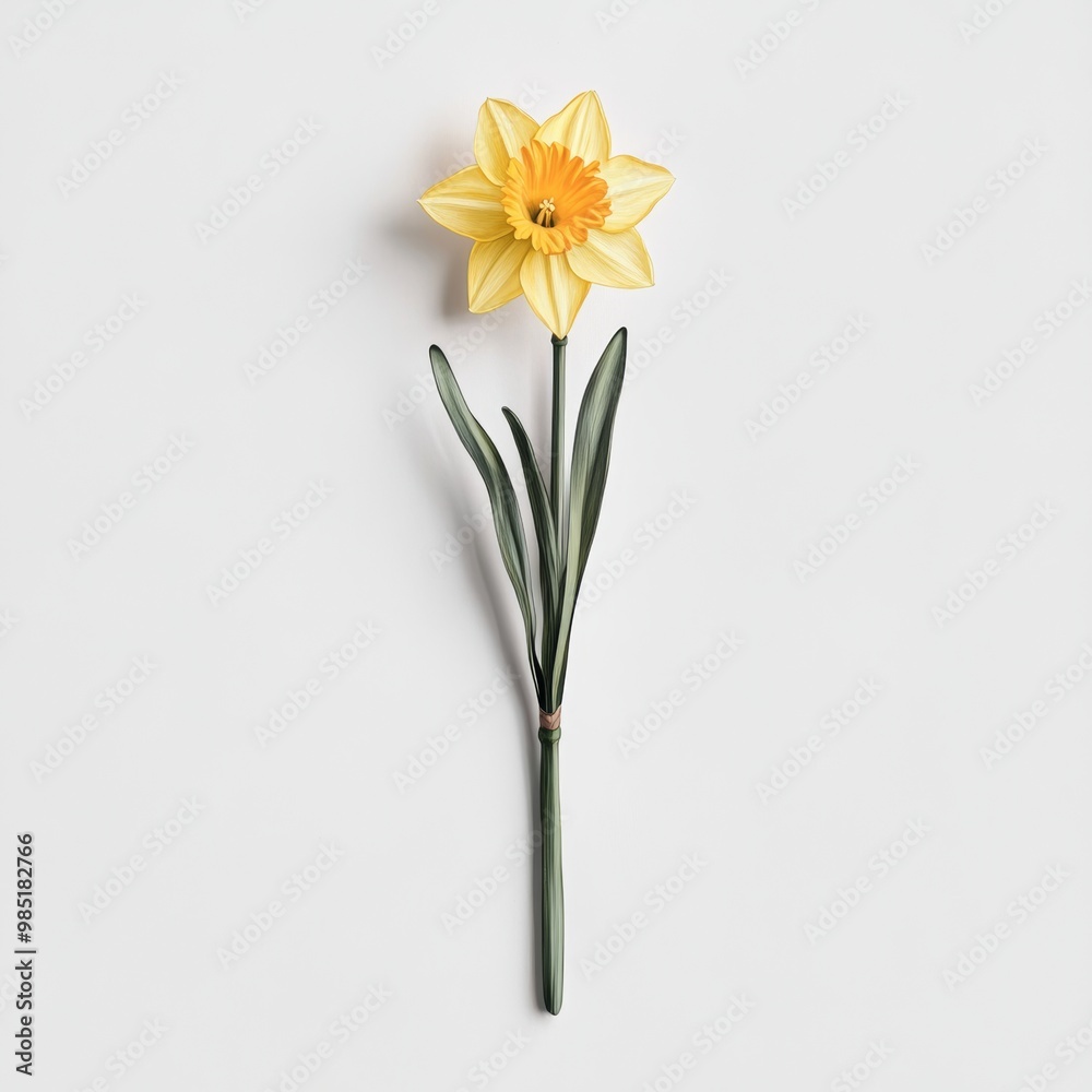 A botanical illustration of a single yellow daffodil in full bloom, isolated on a clean white surface in a minimalistic design A botanical illustration of a single yellow daffodil in full bloom, isolated on a clean white surface in a minimalistic design