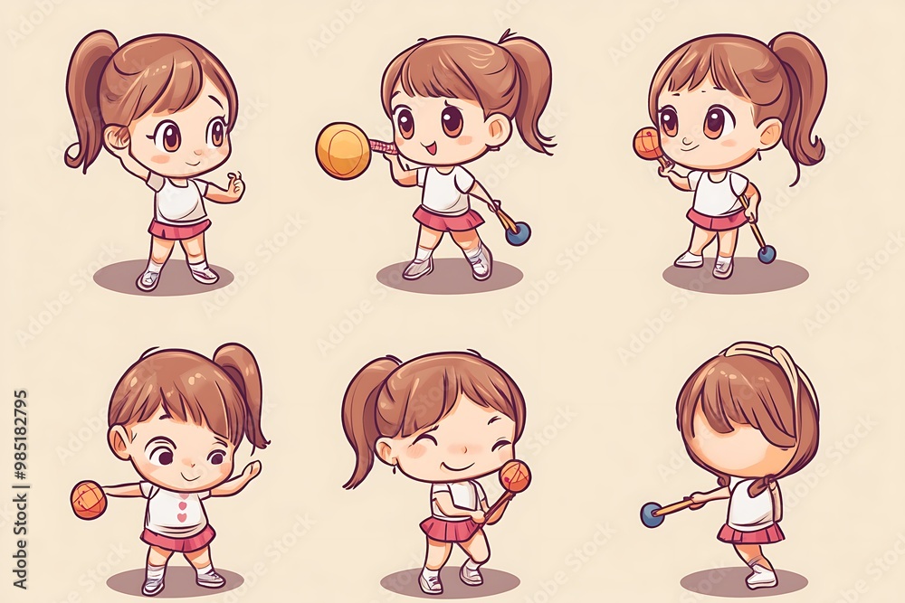 Cartoon girl in various poses, throwing a ball, holding a baton, cute kawaii style, illustration, digital art Cartoon girl in various poses, throwing a ball, holding a baton, cute kawaii style, illustration, digital art