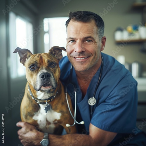 Caucasian veterinarian smiles while holding brown and white dog Buddy, wearing blue medical scrubs in a gray room with a window. The man face is lit up as he looks directly at the camera. photo