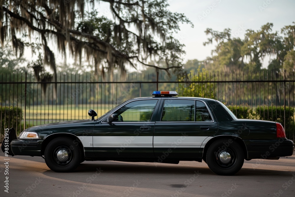 Side view of a security patrol car parked outdoors. The vehicle has a sleek modern design with a dark color scheme and tinted windows. A person is visible in the driver seat with a half-face view. Side view of a security patrol car parked outdoors. The vehicle has a sleek modern design with a dark color scheme and tinted windows. A person is visible in the driver seat with a half-face view.