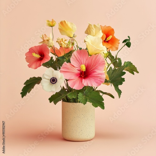 A bright bouquet of tropical flowers, featuring hibiscus and anemone, arranged in a minimalistic flowerpot with soft colors photo