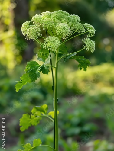 Vertical close-up of Angelica Sinensis plant in green garden on blurred background. Lush herb with bright green foliage, blooming white flowers, and delicate texture in sunny outdoor environment. photo