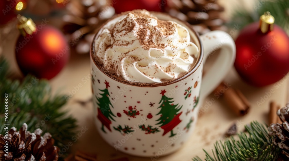 A Cup of Hot Chocolate with Whipped Cream and Cocoa Powder Surrounded by Christmas Decorations A Cup of Hot Chocolate with Whipped Cream and Cocoa Powder Surrounded by Christmas Decorations