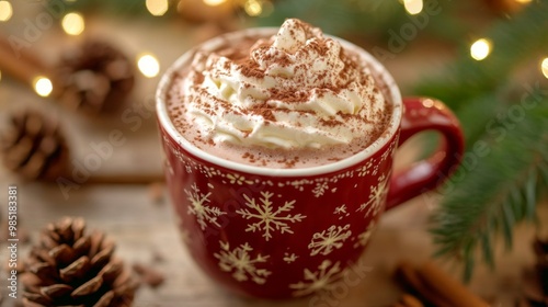 Red Mug of Hot Chocolate with Whipped Cream and Cocoa Powder