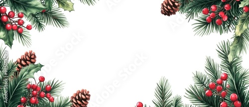 Watercolor Illustration of Evergreen Branches with Pine Cones and Red Berries