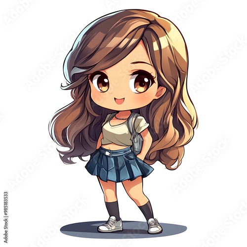 Cute chibi girl anime character with long brown hair wearing a white shirt and blue skirt photo