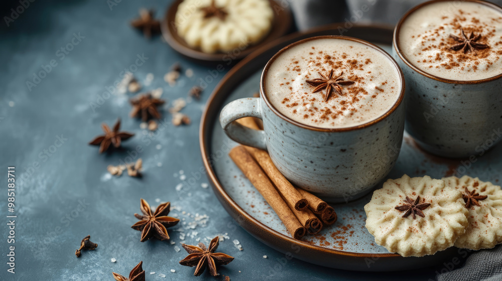 A plate of coffee with cinnamon sticks and a cookie on the side. The plate is on a blue surface A plate of coffee with cinnamon sticks and a cookie on the side. The plate is on a blue surface