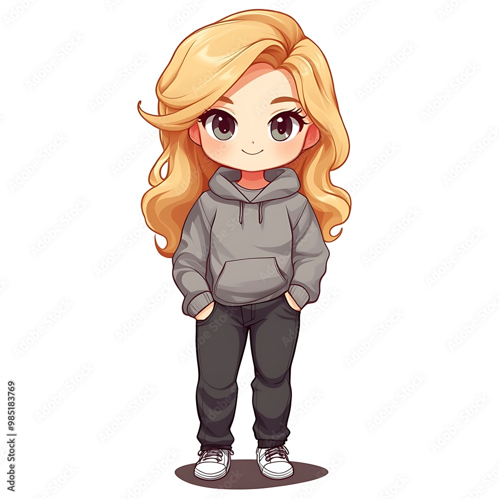 Cute anime chibi girl with long blond hair wearing a grey hoodie and black pants. Kawaii cartoon character illustration Cute anime chibi girl with long blond hair wearing a grey hoodie and black pants. Kawaii cartoon character illustration