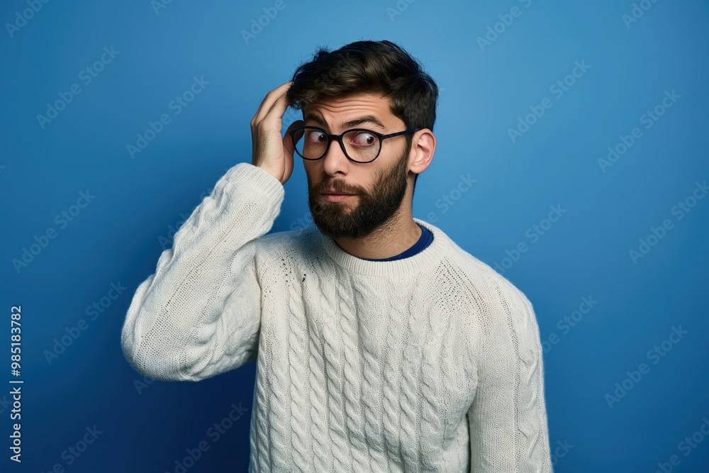 Young handsome man with beard, glasses wears casual sweater over blue background. Confused, uncertain, he wonders about question, thinking with hand on his head. Pensive, thoughtful expression. Young handsome man with beard, glasses wears casual sweater over blue background. Confused, uncertain, he wonders about question, thinking with hand on his head. Pensive, thoughtful expression.