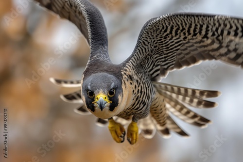 Close-up of peregrine falcon in mid-flight. Bird of prey with white and grey plumage, spotted feathers, and sharp wing. Fast and agile predator soaring through the air. photo