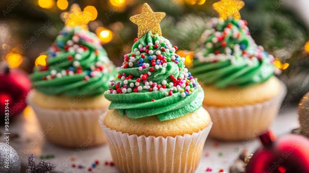 Christmas Tree-Shaped Cupcakes Decorated with Sprinkles and a Gold Star Christmas Tree-Shaped Cupcakes Decorated with Sprinkles and a Gold Star