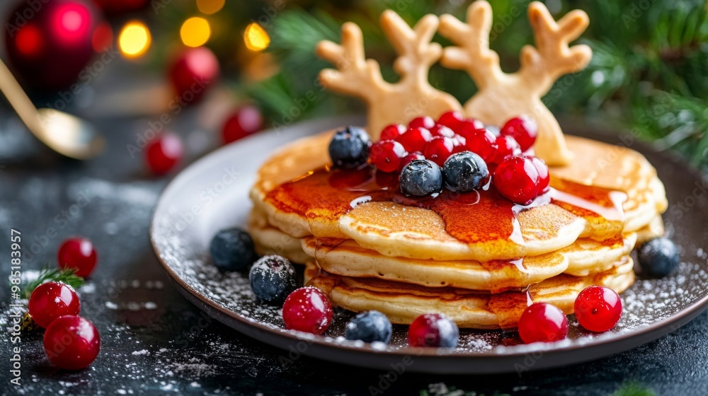 Christmas-Themed Pancakes with Syrup, Blueberries, and Cranberries