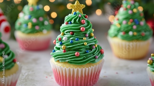 Green Icing Christmas Tree Cupcake with a Gold Star