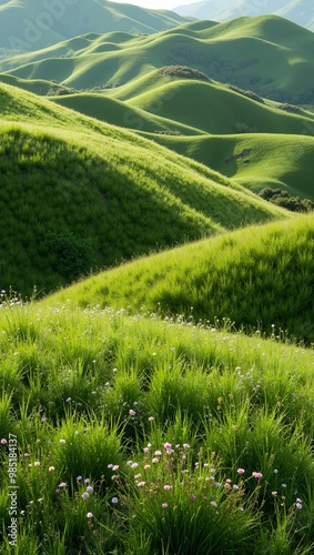 Tranquil rolling hills with tall grasses and wildflowers under a soft green sky