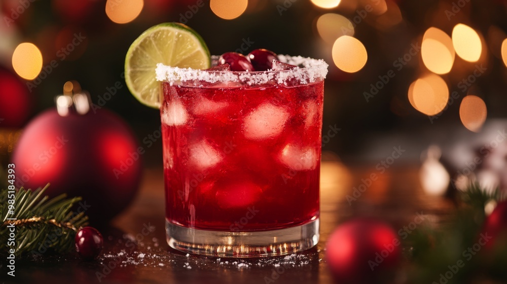Cranberry Cocktail with Lime Wedge and Salt Rim, Christmas Decorations in Background Cranberry Cocktail with Lime Wedge and Salt Rim, Christmas Decorations in Background