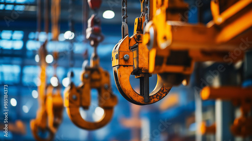  Industrial warehouse interior with heavy-duty metal hooks and chains suspended from overhead cranes, capturing the mechanics of lifting equipment in action.